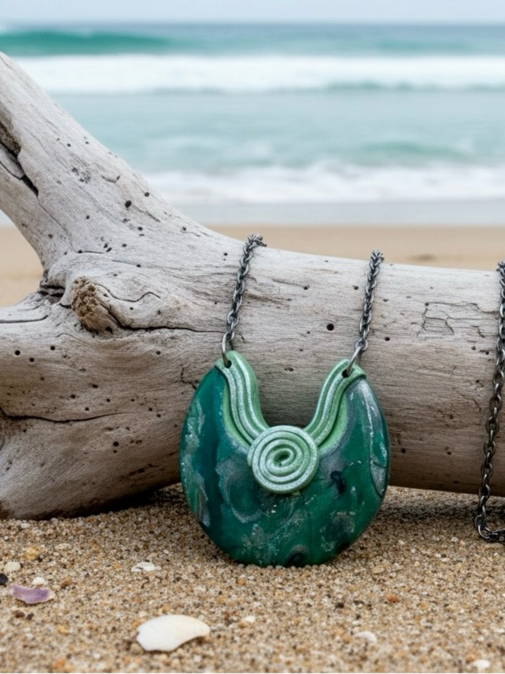 Handmade Green & Blue Large Polymer Clay Pendant Necklace on 18" SS Cable Chain
